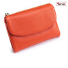 Orange genuine leather mini card holder wallet with a zipper closure