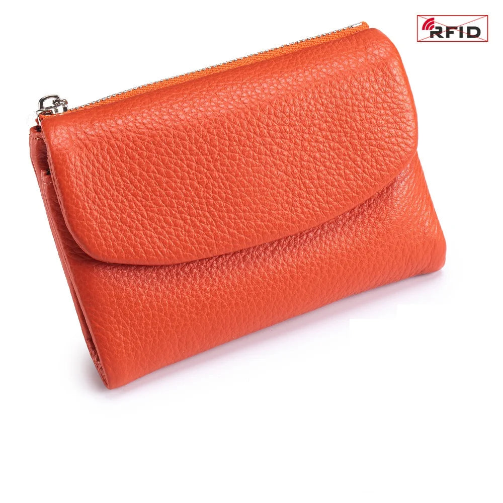 Orange genuine leather mini card holder wallet with a zipper closure