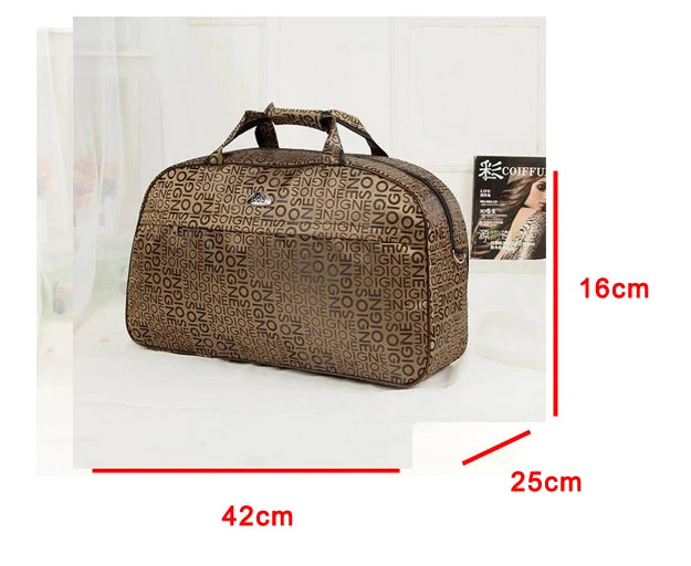 A brown PU leather travel duffel bag with a patterned design shown next to a ruler for scale.