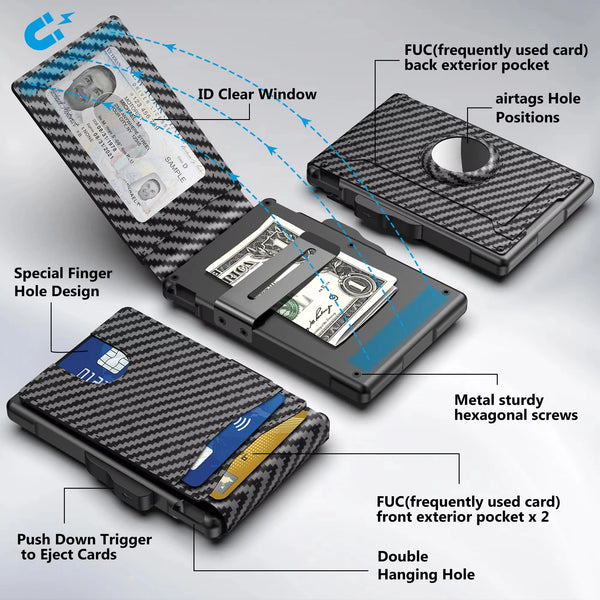 A black carbon fiber RFID blocking bi-fold wallet showing various features like an ID clear window and finger hole design.