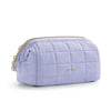 A lavender padded makeup bag with a wide-open design and gold zipper.