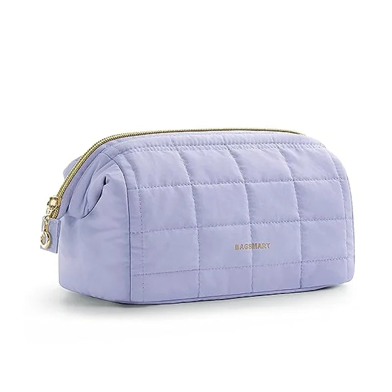A lavender padded makeup bag with a wide-open design and gold zipper.