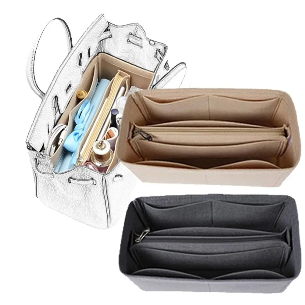 A silver felt bag organizer insert showing various compartments and accessories.