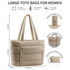 A beige quilted puffer tote bag with wide straps and matching luggage strap is shown.