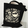 Black canvas tote bag featuring a distressed graphic of a skull and bat with text.