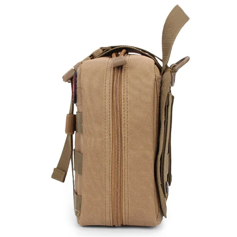 A tan tactical EDC first aid kit bag with a zipper and strap is shown.