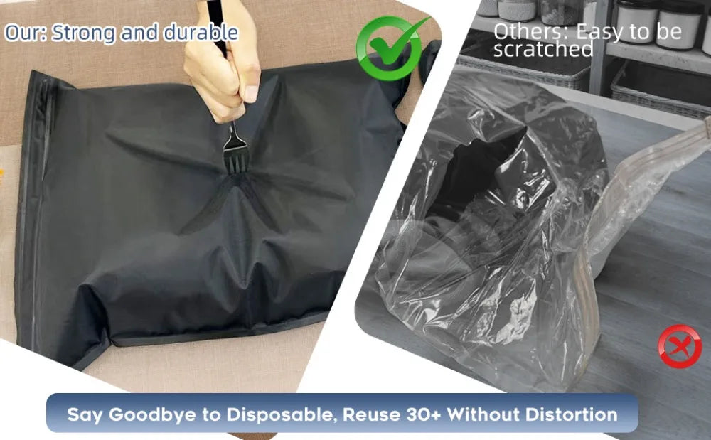 A black reusable vacuum storage bag being used to store a fork, demonstrating its durability and reusability.