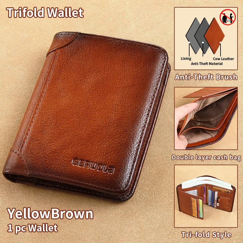 A brown trifold wallet made of cow leather with a lining and anti-theft features shown in various angles.