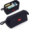 A black minimalist large capacity pencil case with a label holder and a separate zippered pouch.