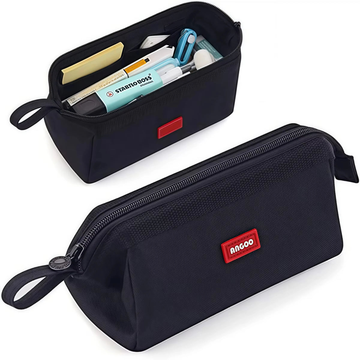 A black minimalist large capacity pencil case with a label holder and a separate zippered pouch.