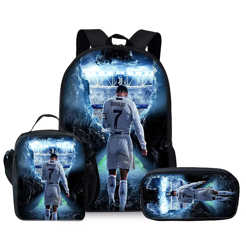 A black backpack featuring football player graphics and a separate cartoon figure of a player in action.
