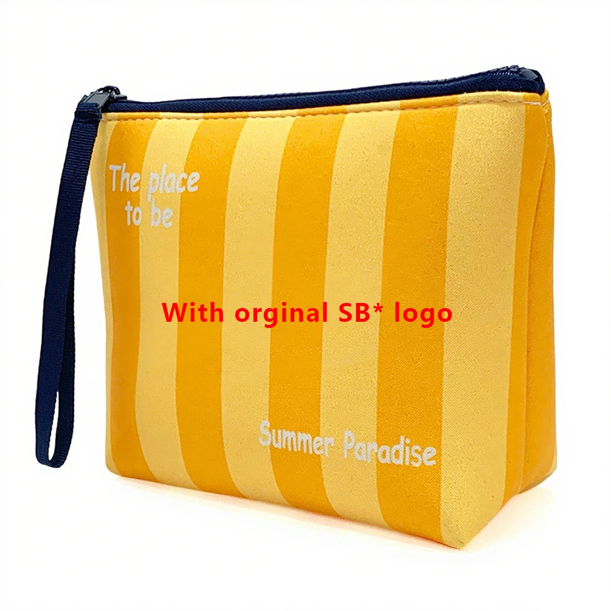 Bolsa cosmética a rayas amarillas con correa azul marino y texto que dice 'The place to be' con el logo original de SB.