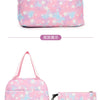 Pink and blue star patterned nylon backpack set shown from the front and side views.