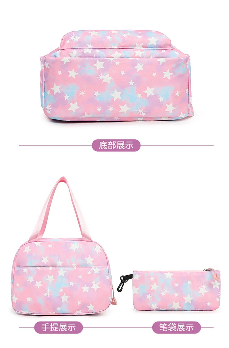 Pink and blue star patterned nylon backpack set shown from the front and side views.