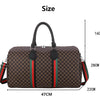 A brown plaid women's travel duffle bag shown with dimensions of 47cm wide, 28cm high, and 22cm deep.