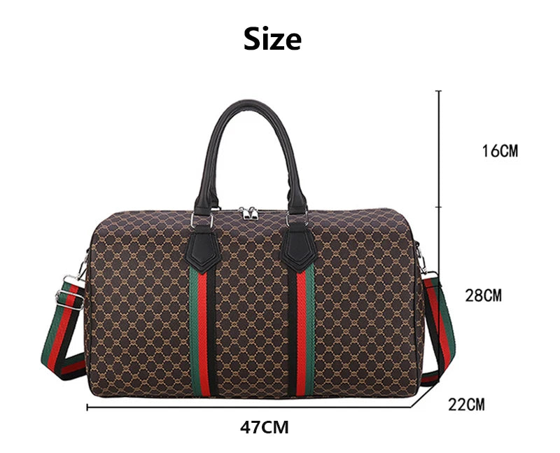 A brown plaid women's travel duffle bag shown with dimensions of 47cm wide, 28cm high, and 22cm deep.