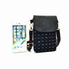 A dark gray denim mini messenger bag with triple-layer storage and a black strap is shown next to an iPhone.