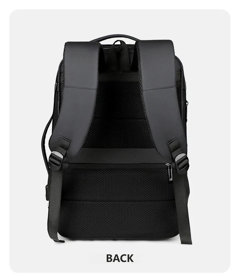 Black expandable travel backpack shown from the back view
