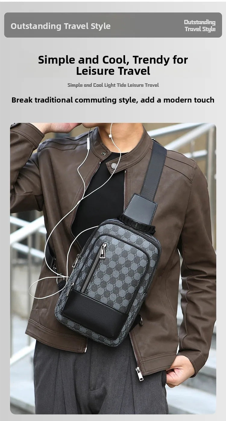 A man wearing a brown leather jacket holds a gray and black geometric pattern crossbody bag.