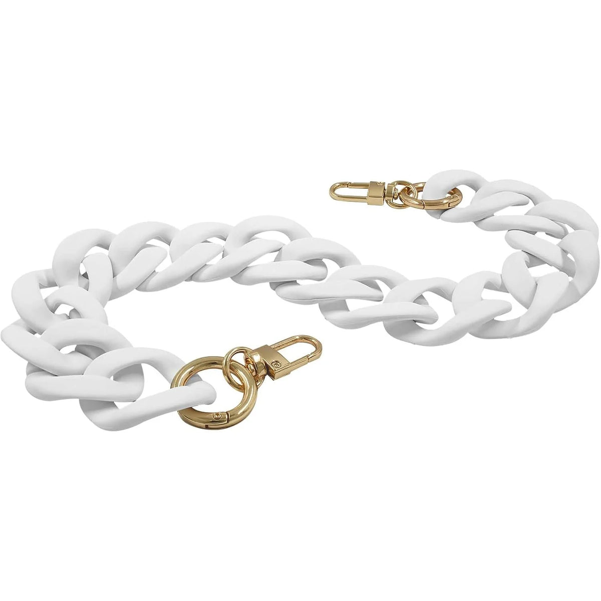 A white acrylic chain strap for handbag accessories with gold-toned clasps.