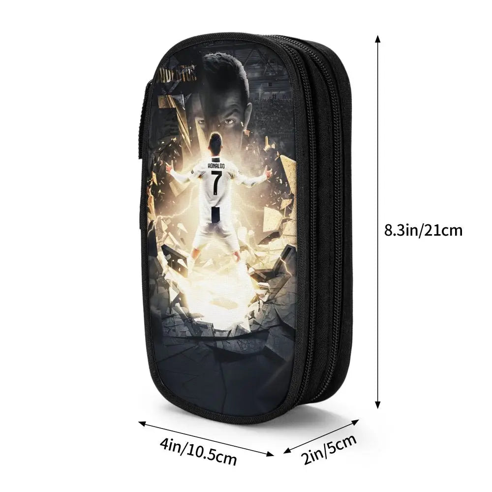 Black zippered pencil case featuring a dramatic image of a soccer player in action.