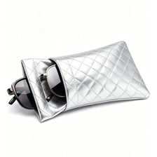Silver quilted PU leather glasses case with sunglasses inside