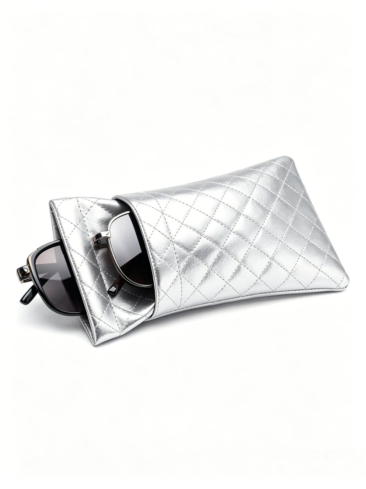 Silver quilted PU leather glasses case with sunglasses inside