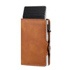 A brown leather card holder with a black sleeve for storing credit cards.