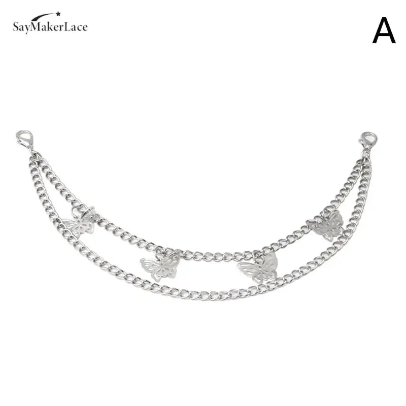 Silver multi-layer metal chain strap shoulder bag charm with butterfly accents