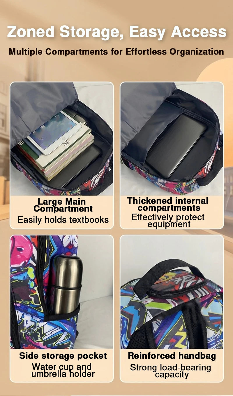 A multi-compartment backpack featuring a main compartment, side pocket, and reinforced handbag capacity.