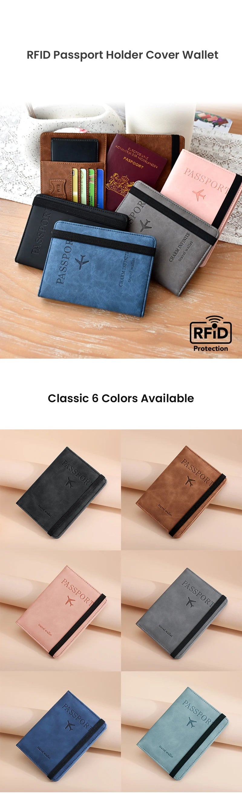 Six colors of RFID blocking leather passport holder wallets displayed on a wooden surface.