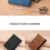 Six colors of RFID blocking passport holder wallets displayed on a wooden surface.