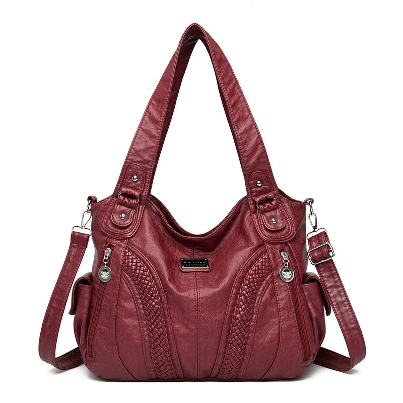 Maroon Vintage Soft PU Leder-Schultertasche mit gesteppter Textur und silberner Hardware