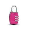 A bright pink 3-dial combination padlock with a silver shackle.