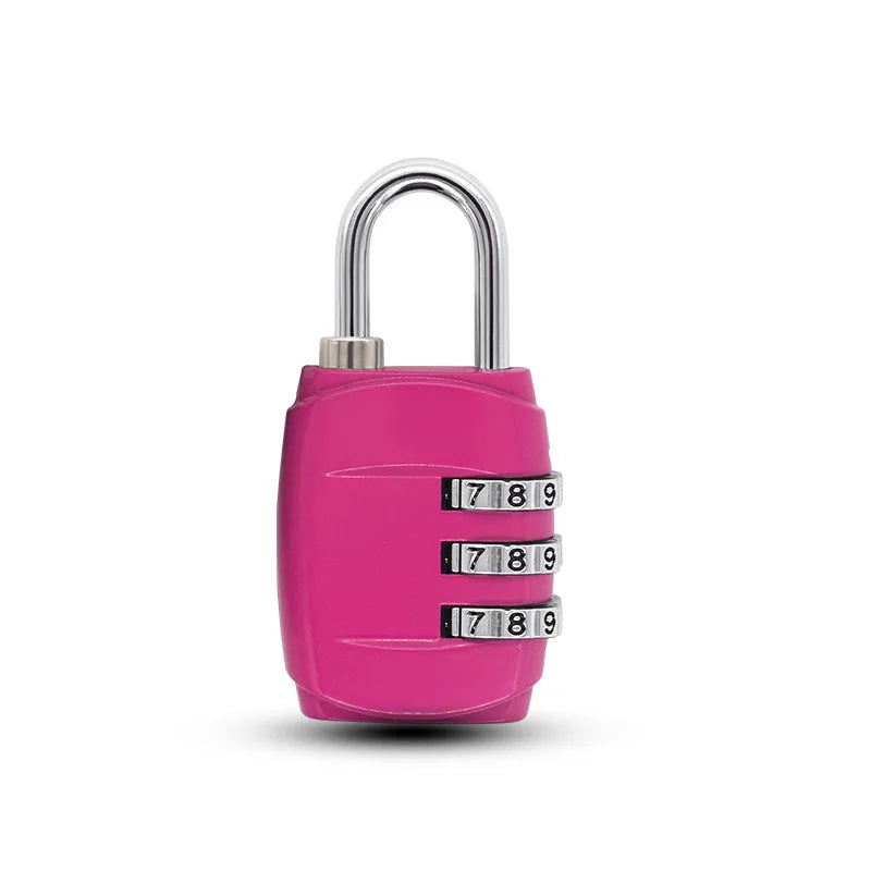 A bright pink 3-dial combination padlock with a silver shackle.