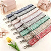 A collection of adjustable nylon shoulder straps in various pastel and geometric patterns for bags and purses.