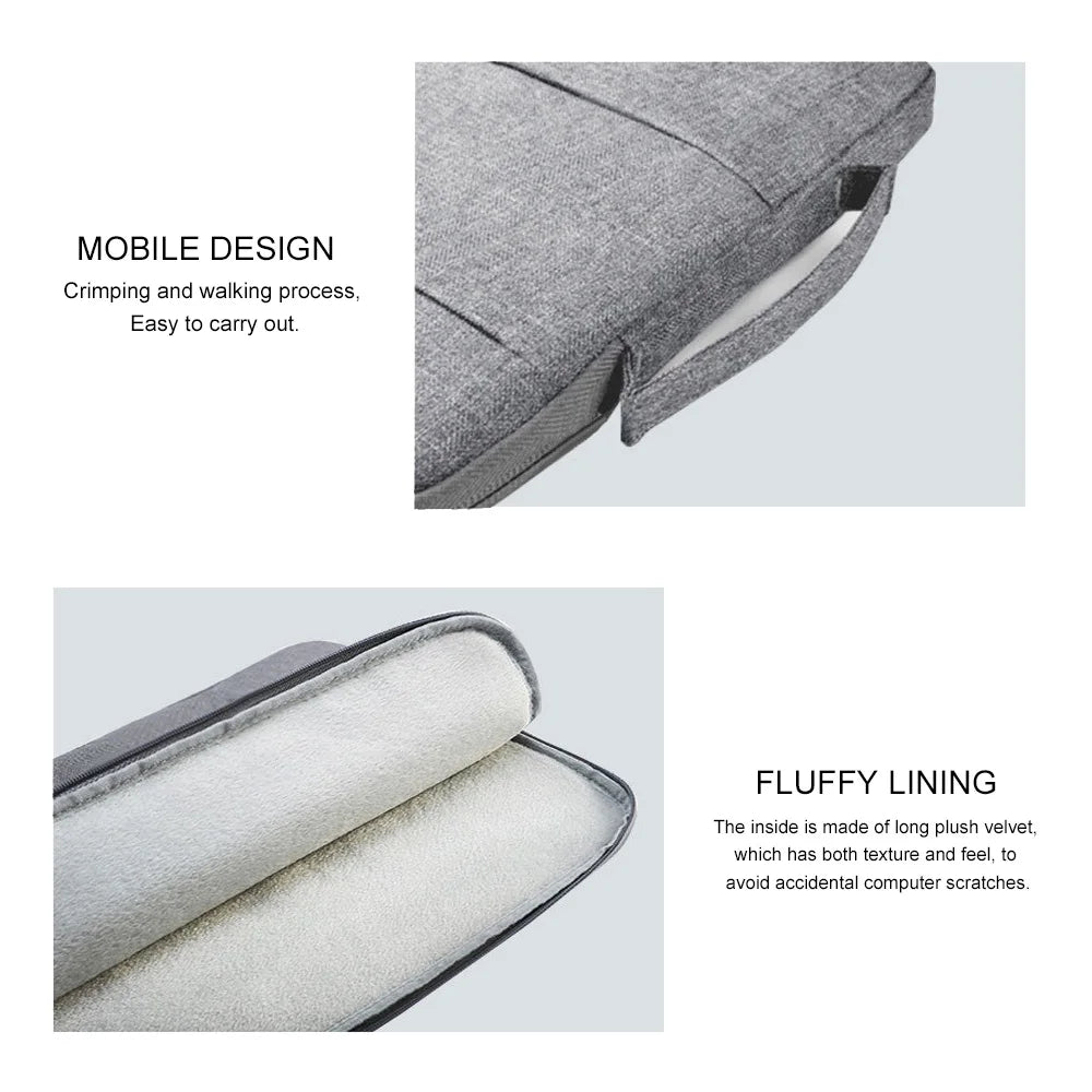 A gray laptop sleeve with a padded, fluffy lining and a strap for easy carrying.