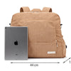 A tan corduroy diaper backpack next to an iPad, showing its dimensions.