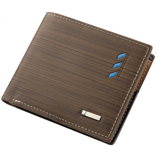 A brown leather men's stripe multi-function wallet with blue stitching details.