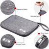 A gray waterproof fabric pouch for organizing and protecting electronics accessories, shown with various features.