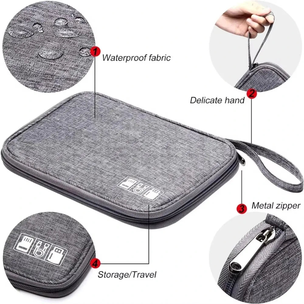 A gray waterproof fabric pouch for organizing and protecting electronics accessories, shown with various features.
