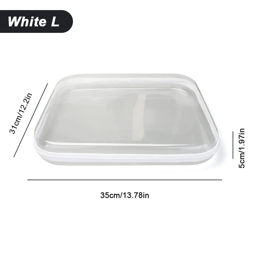 White L durable transparent storage pouch measuring 35cm by 31cm.