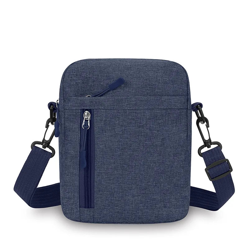 A dark blue lightweight nylon crossbody shoulder bag with adjustable straps and a zipper.