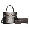 A black crocodile print shoulder handbag and a matching wallet set with a brown leather strap.