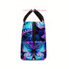 A purple and blue butterfly print insulated lunch tote bag with a black strap.