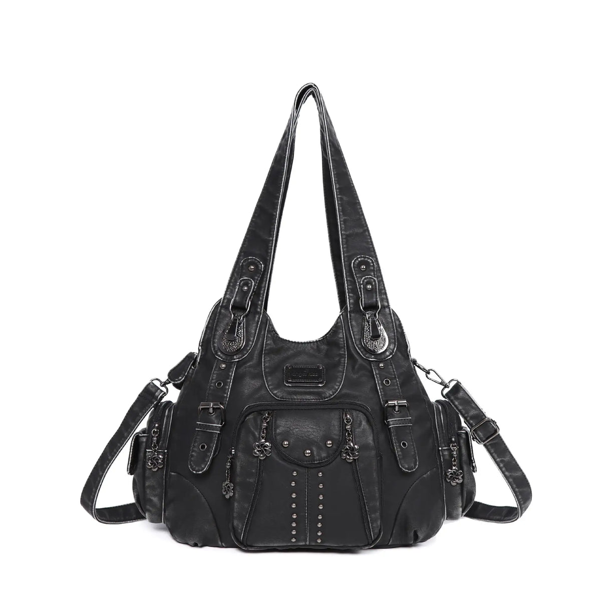 Black vintage PU leather hobo shoulder bag with silver hardware