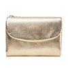 A gold-toned genuine leather mini card holder wallet with a smooth texture.