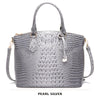 Silberner Krokodillenmuster-Top-Handtasche mit Riemen.