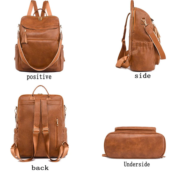 A vintage brown leather tassel backpack shown from the positive, side, back, and underside angles.