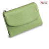 A light green genuine leather mini card holder wallet with a zipper closure.
